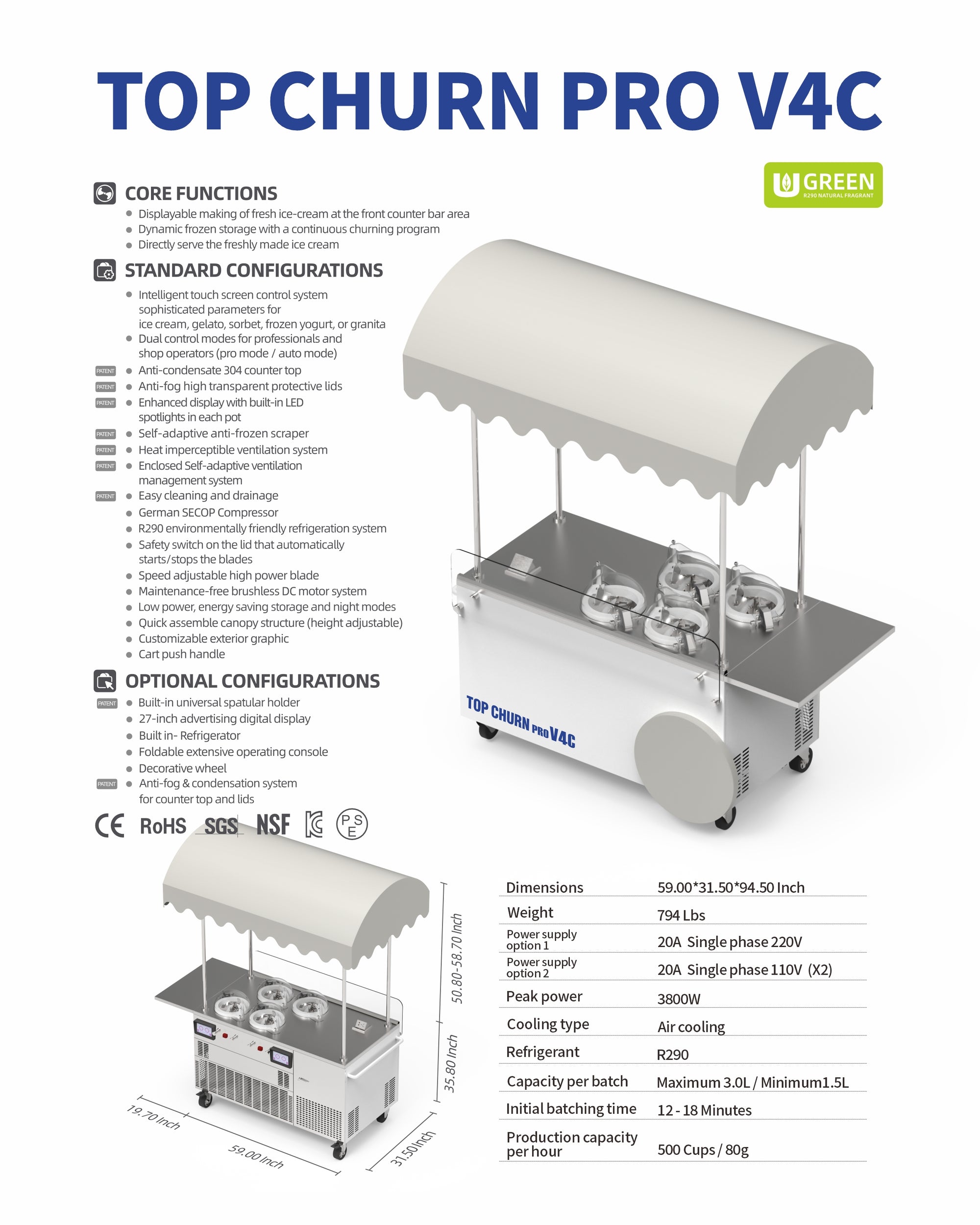 Commercial Gelato Ice Cream Cart, V4C, Four Pots - Top Churn Specs | Texas Frozentech